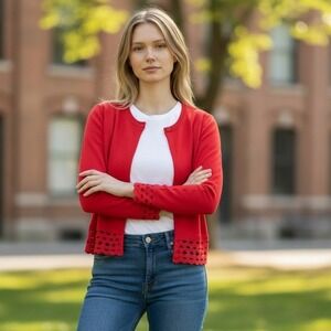 Maje Morzine Ribbed Red Knit Cropped Cardigan Sweater Cutout Size 1 (Small)